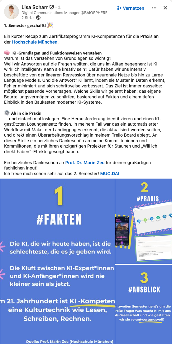 LinkedIn-Post einer Teilnehmerin über das Zertifikatsprogramm KI-Kompetenzen für die Praxis an der Hochschule München, mit Dank an Prof. Dr. Marin Zec